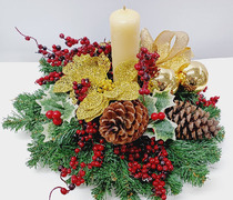 AN 02 - Arranjo de Natal artificial dourado e vermelho com vela