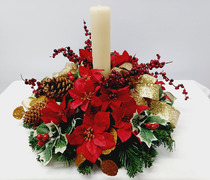 AN 05 - Arranjo de Natal artificial vermelho e dourado com vela creme